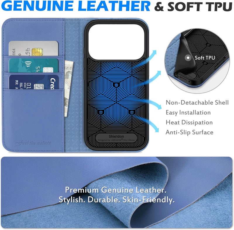 SHIELDON Case Wallet for iPhone 17 Pro 6.3" 2025 | Genuine Leather | Flip Magnetic Closure | RFID Blocking Credit Card Holder | Kickstand | Full Protection Cover | Wisteria Purple - Image 3